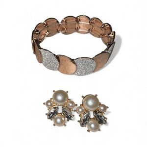 Chic Gold and Silver Bracelet with Pearl Earrings